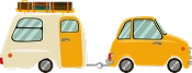 Petite voiture jaune tractant une caravane beige